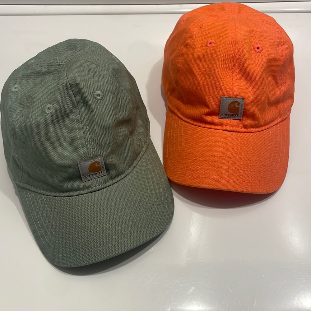 Carhartt infant caps green and orange.